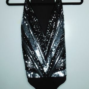 Express Metallic velvet V neck thong bodysuit